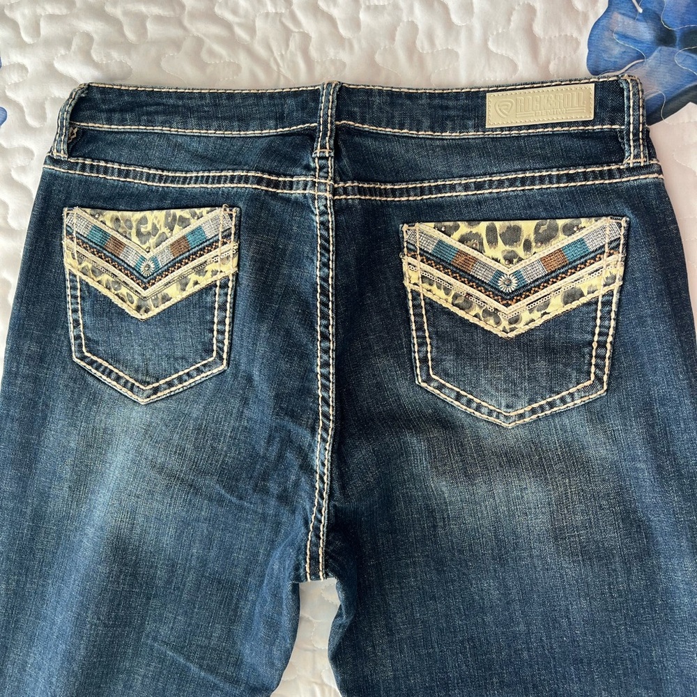 Dark Blue Boot Cut Jeans with Embroidered Leopard Accent